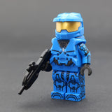 Blue Spartan-V2 custom minifigure front view with gold visor and Classic BR
